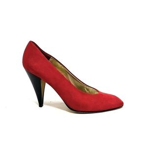 CHARLES JOURDAN | Vintage 1990s red suede gold sole slip on pumps
